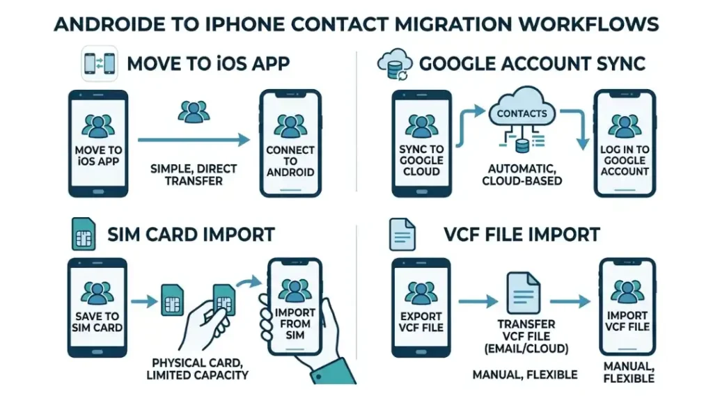 Android to iPhone contact migration methods compared in a four-step infographic