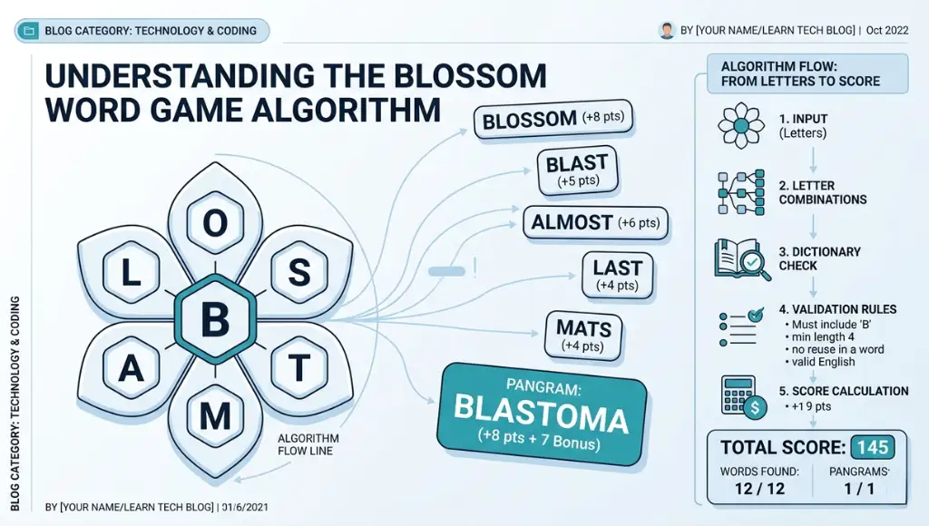 Blossom Word Game algorithm visual showing seven letters, center letter rule, and score-based word selection