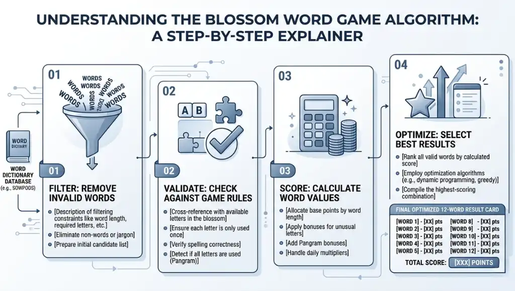 Diagram of the Blossom Word Game solving process from filter to validate to score to optimize