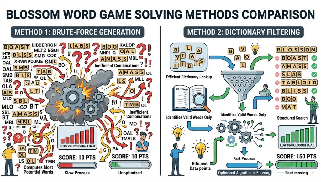 Side-by-side comparison of brute-force generation and dictionary filtering for Blossom Word Game solving