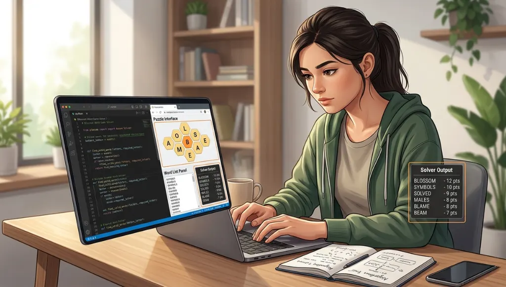 Technology learner building a Blossom Word Game solver using code and word lists on a laptop