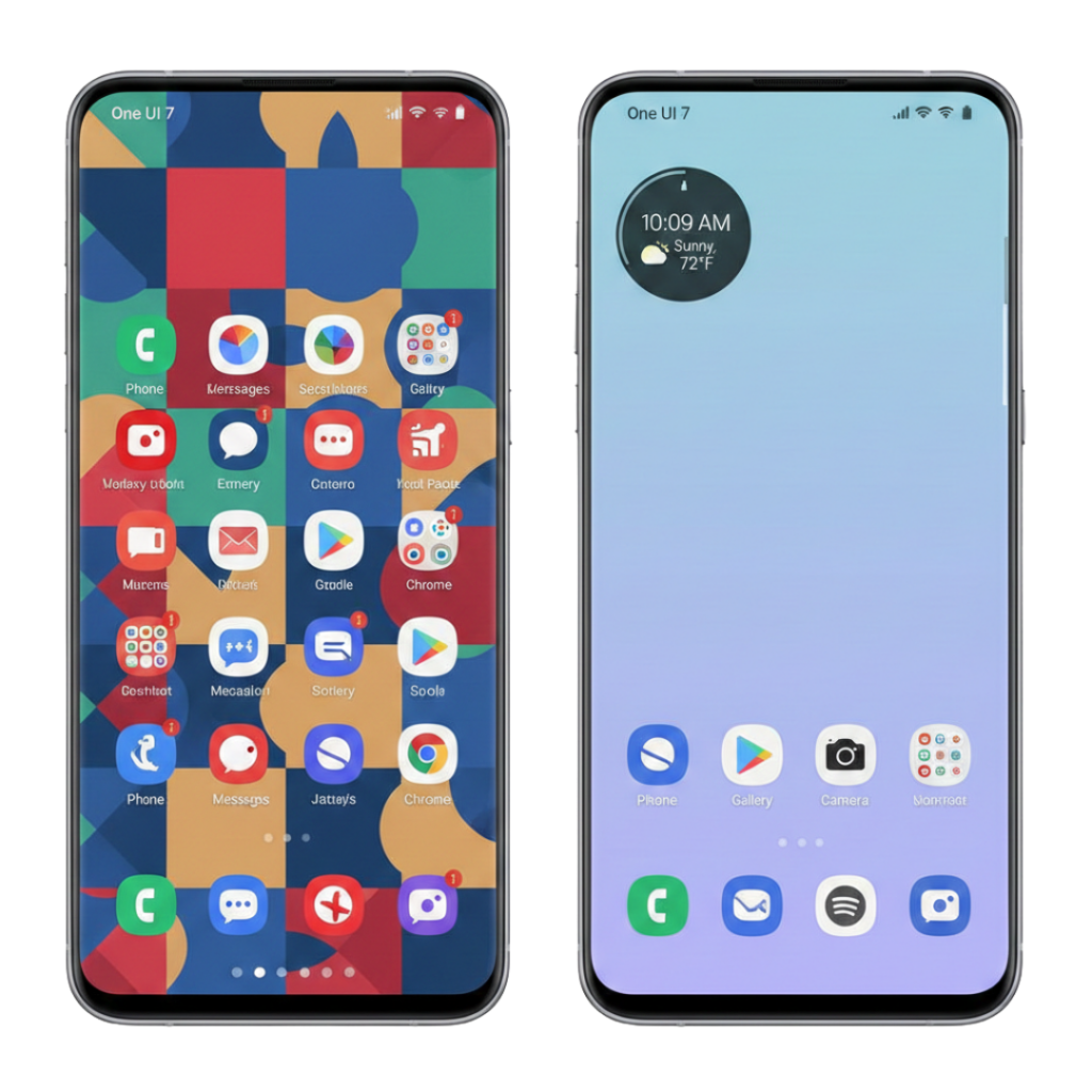 Cluttered vs minimalist Samsung home screen layout comparison