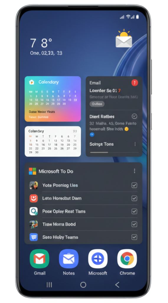 Samsung productivity dashboard with widgets and work apps