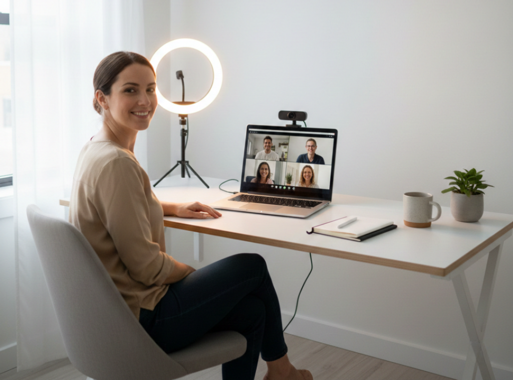 Professional video conference setup with proper lighting and camera positioning