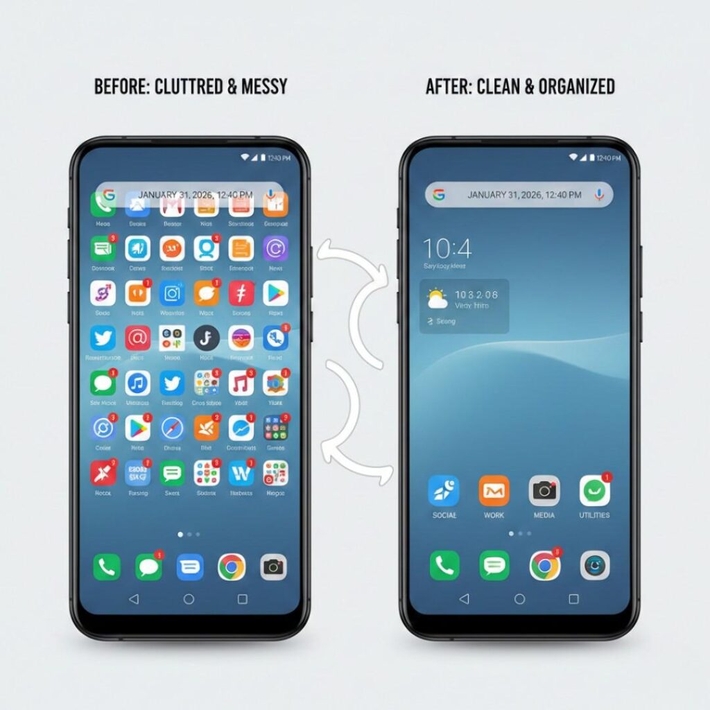 cluttered versus organized Android home screen