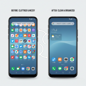 Organized Android home screen showing categorized app folders and clean layout