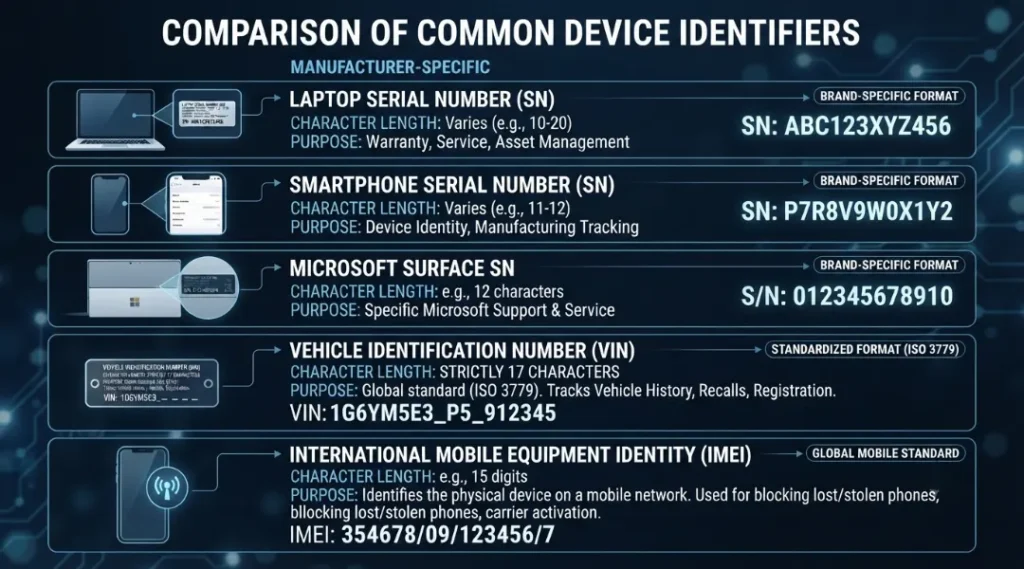 device serial number formats compared with VIN and IMEI