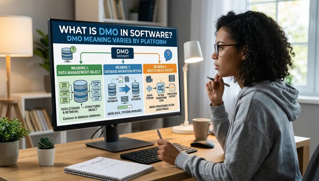 Beginner-friendly illustration explaining DMO meaning in software with simple workflow and data labels