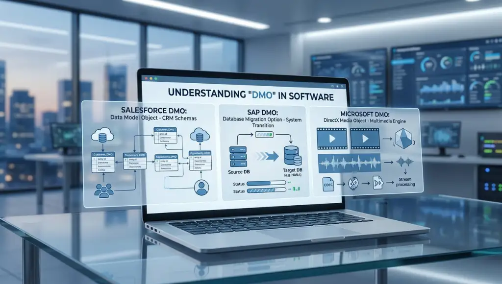 DMO meaning in software explained with SAP, Salesforce, and Microsoft icons on a modern tech interface