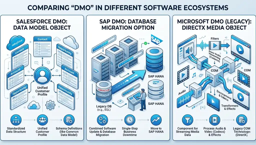 What is DMO meaning in software visual showing multiple software definitions in one concept graphic