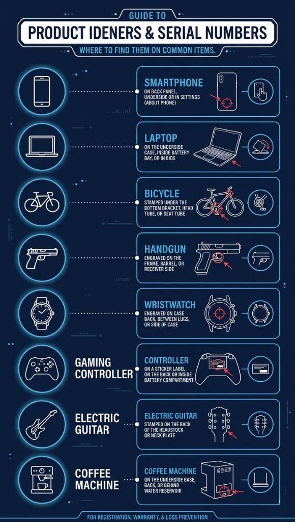 infographic showing how to find serial numbers on eight common product types including laptop phone bicycle and watch