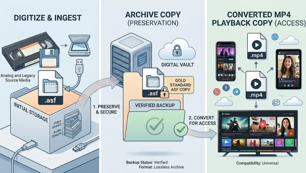 realistic workflow illustration showing the best practice for handling old media files