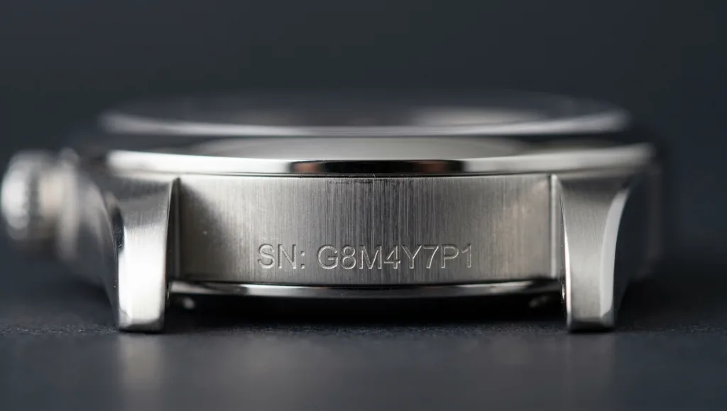 close-up of a Rolex watch case showing serial number location between lugs at 6 o clock position