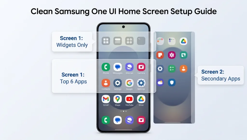 Annotated Samsung One UI home screen showing widget placement zones and grid layout for screen 1 vs screen 2