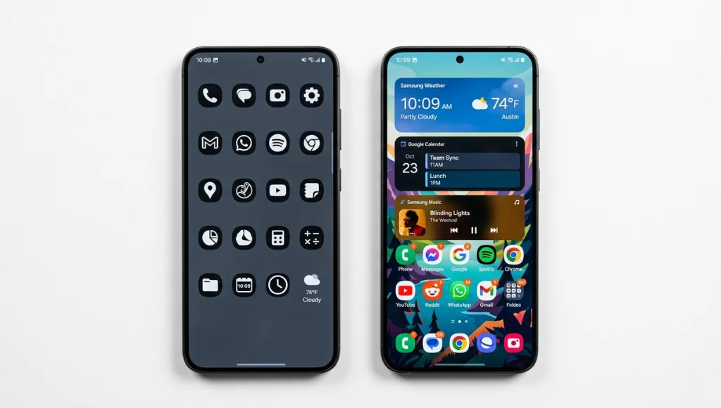 Split screen comparison of a minimalist Samsung home screen layout on the left versus a feature-rich widget-heavy Samsung Galaxy layout on the right