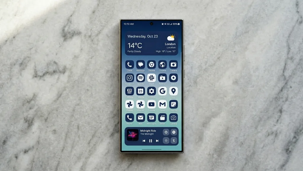 Samsung Galaxy phone showing a clean, organized home screen layout with matching widgets and icons in 2026