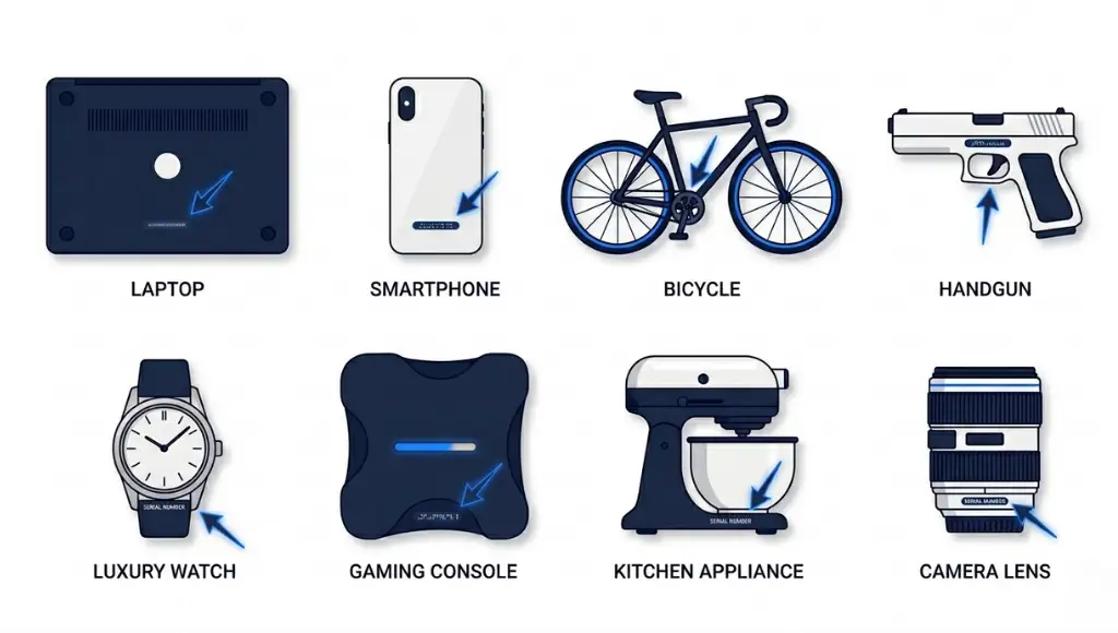 diagram showing where to find serial numbers on common products including laptop, bicycle, firearm, and watch