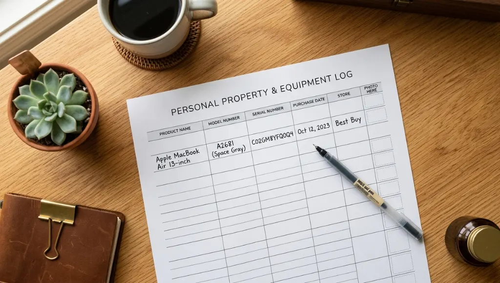 : printable product serial number record sheet with fields for product name, model, serial number, purchase date, and photo