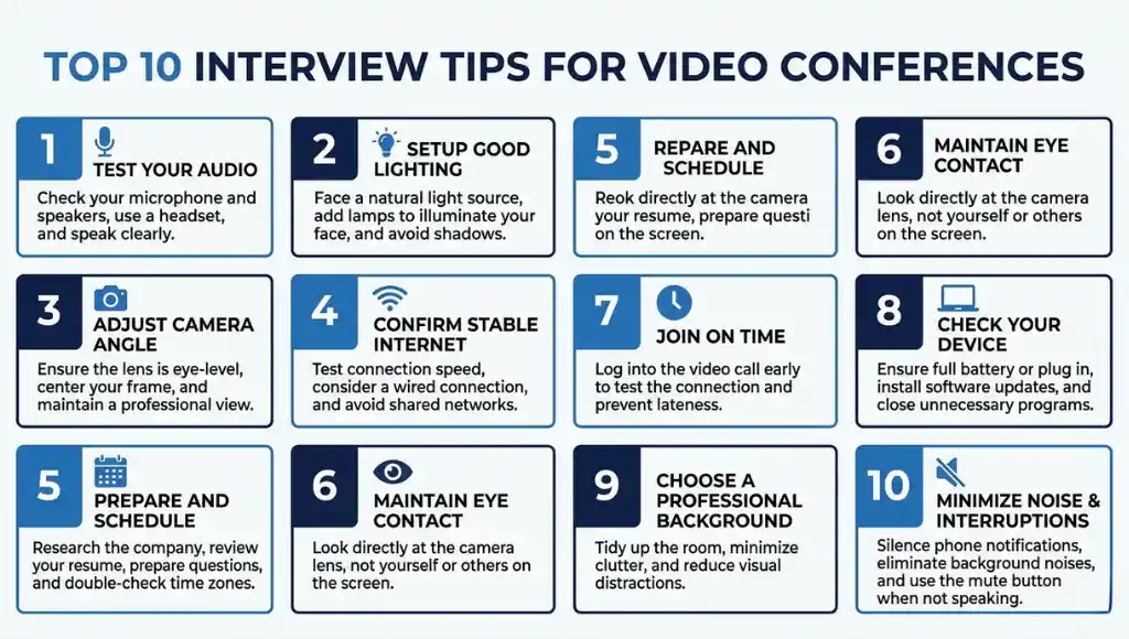 Infographic showing top 10 interview tips for video conference calls with icons for audio, lighting, camera angle, and body language