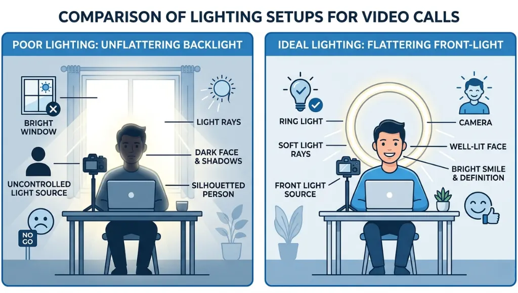 Comparison diagram showing bad vs good lighting positions for video conference calls, with ring light placement guide