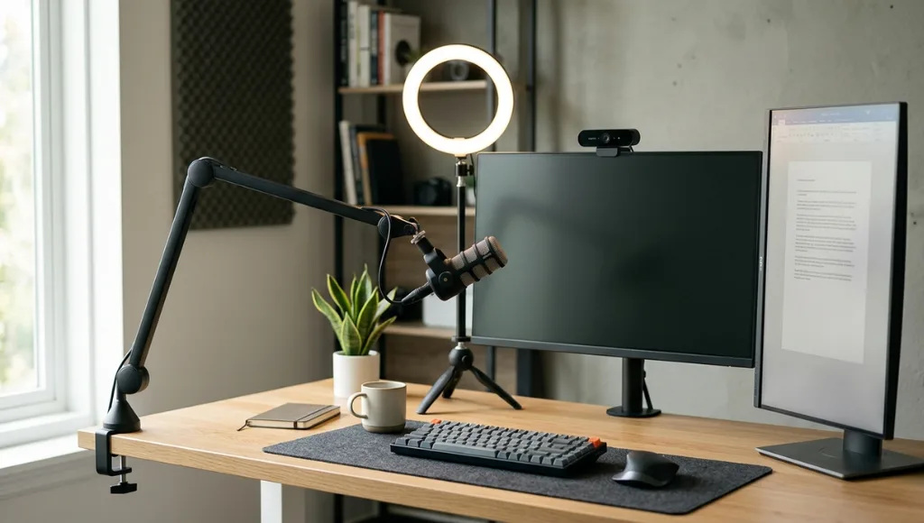 Professional video conference setup with ring light, external webcam, and dual monitors on a clean home office desk