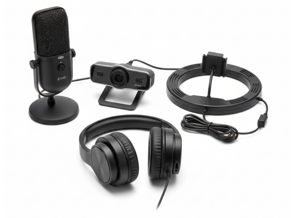 Essential video conferencing equipment including webcam, microphone, and lighting