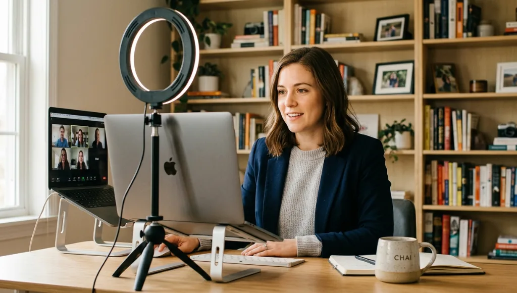 Person working from home on a video conference call with organized background, proper lighting, and minimal distractions