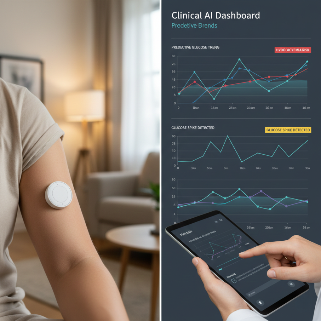 AI in Home Healthcare-powered healthcare dashboard monitoring a home patient's glucose and heart data in real time