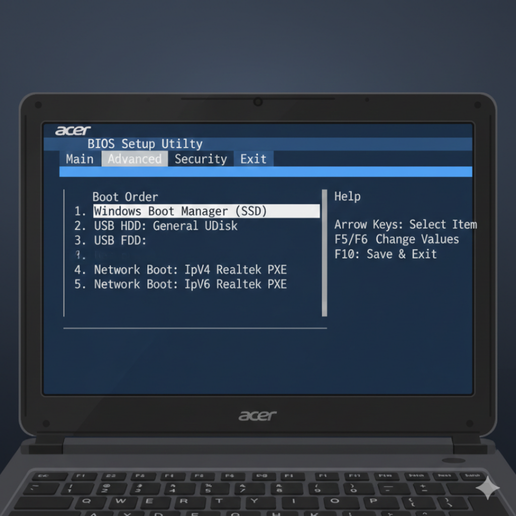 Acer BIOS boot order settings screen showing correct startup drive configuration