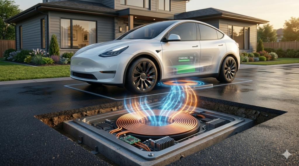 Electric vehicle using inductive wireless charging pad embedded in driveway.