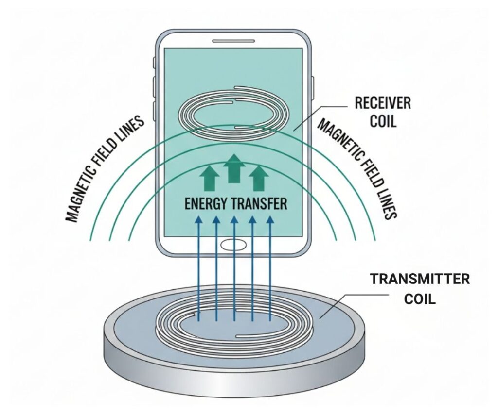 Diagram explaining how wireless charging works using transmitter and receiver coils