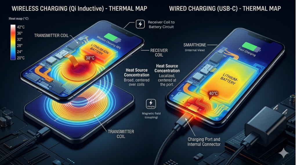 Thermal comparison of wireless vs wired charging showing heat generation around coil area.