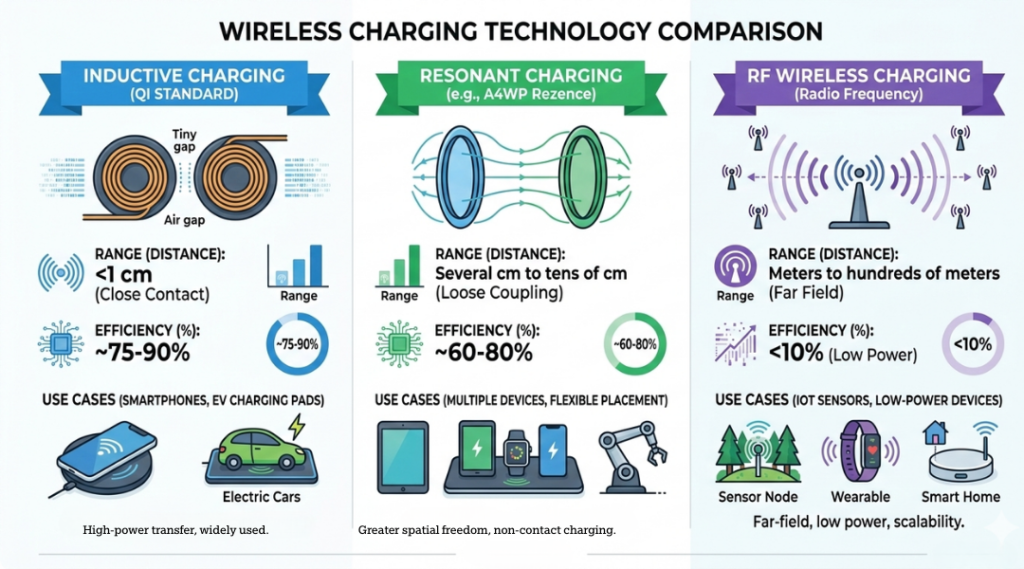 Comparison chart of inductive vs resonant vs RF wireless charging methods and efficiency levels.