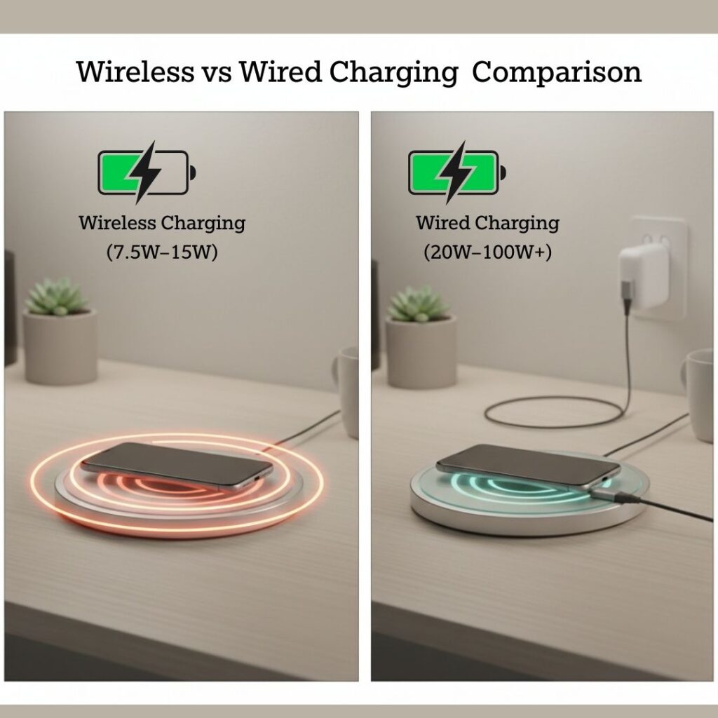 Wireless charger versus wired charging speed and efficiency comparison