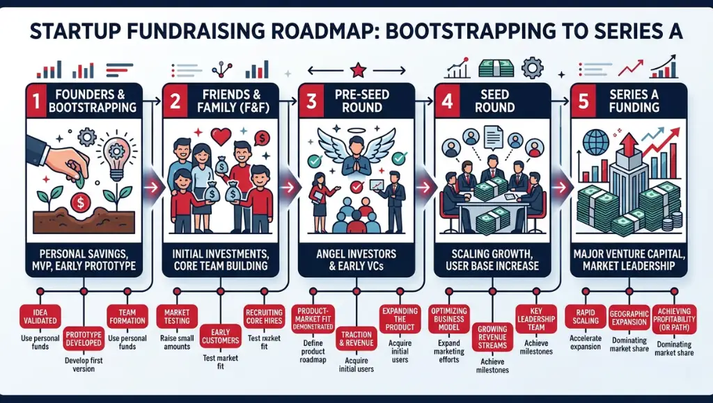 Infographic showing the ZPro 5-stage startup booted fundraising strategy: Bootstrap, Validate, Systematize, Raise, and Scale, with milestone markers at each stage
