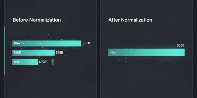 Before and after data dashboard showing brand name normalization consolidating fragmented brand entries into clean unified analytics