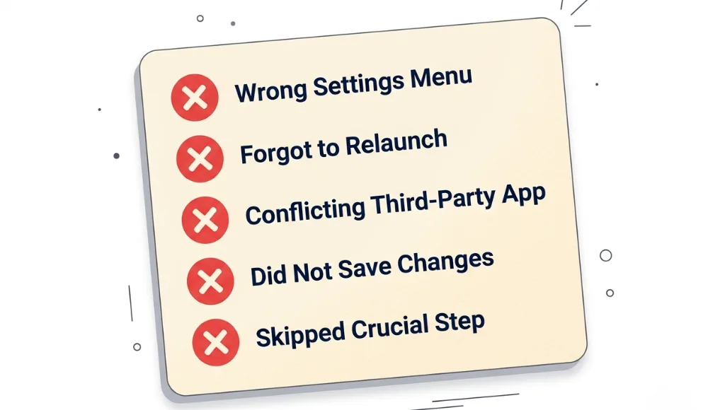 Illustrated checklist of five common mistakes when trying to disable touchscreen on Chromebook