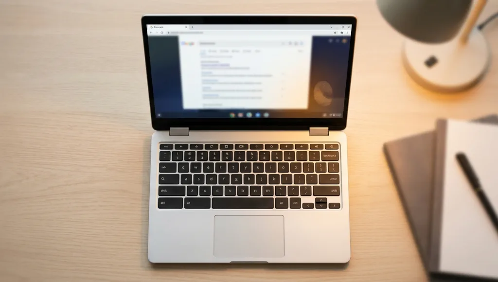 Chromebook laptop on desk with touchscreen smear highlighting accidental touch input issue