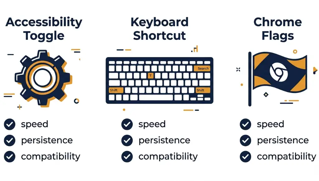 Comparison infographic of three methods to disable Chromebook touchscreen: Accessibility Toggle vs Keyboard Shortcut vs Chrome Flags