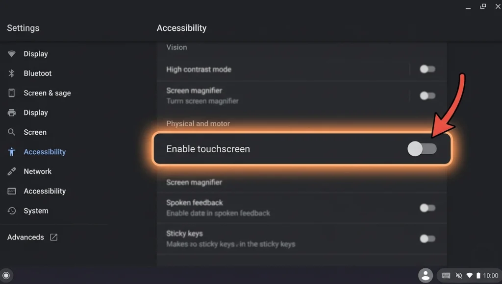 ChromeOS Accessibility settings panel showing the touchscreen enable toggle highlighted with annotation arrow