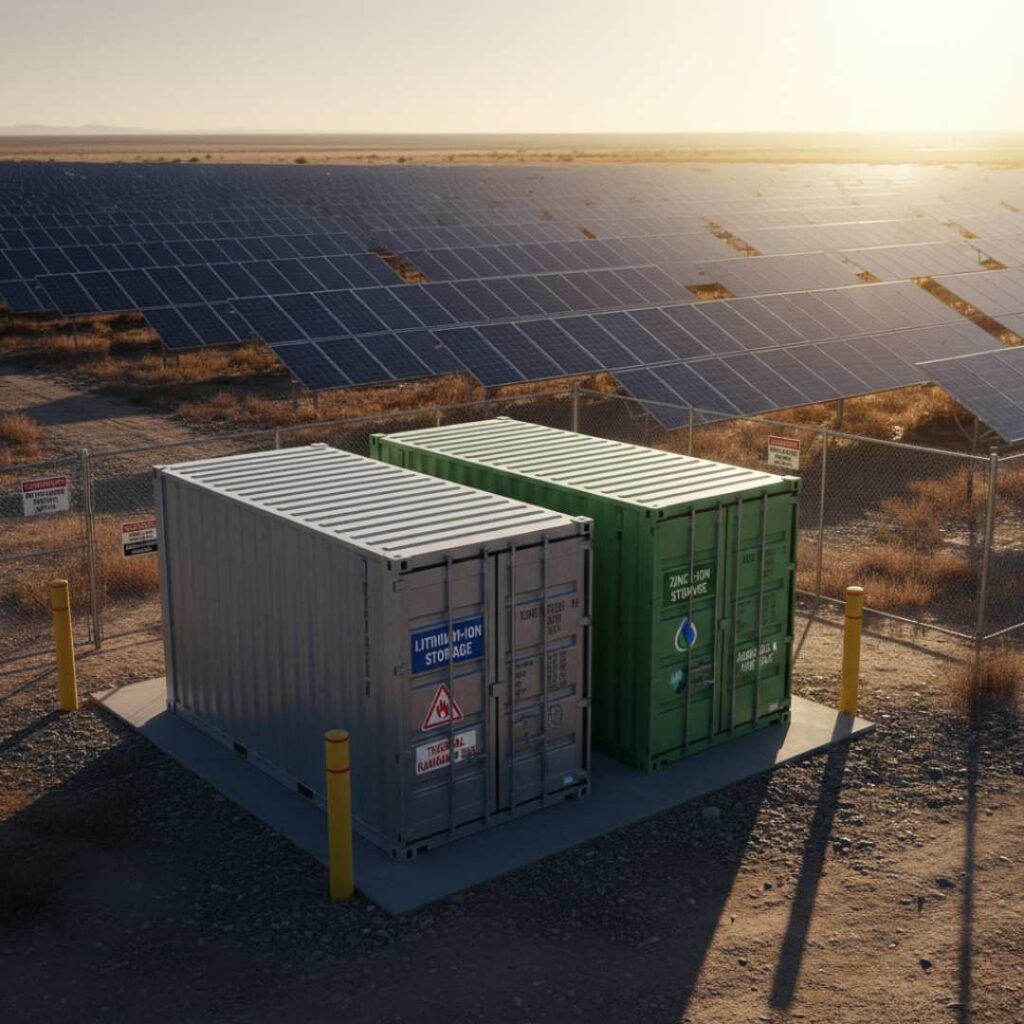 solar farm using lithium-ion and zinc-ion battery storage systems
