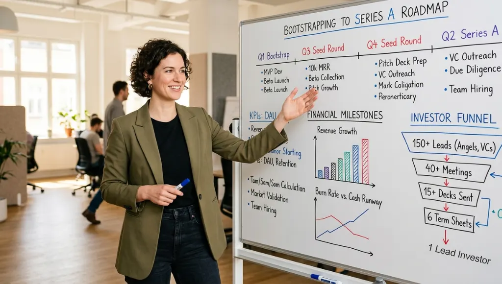 A founder reviewing a startup booted fundraising strategy roadmap on a whiteboard, surrounded by financial charts and investor pitch notes.