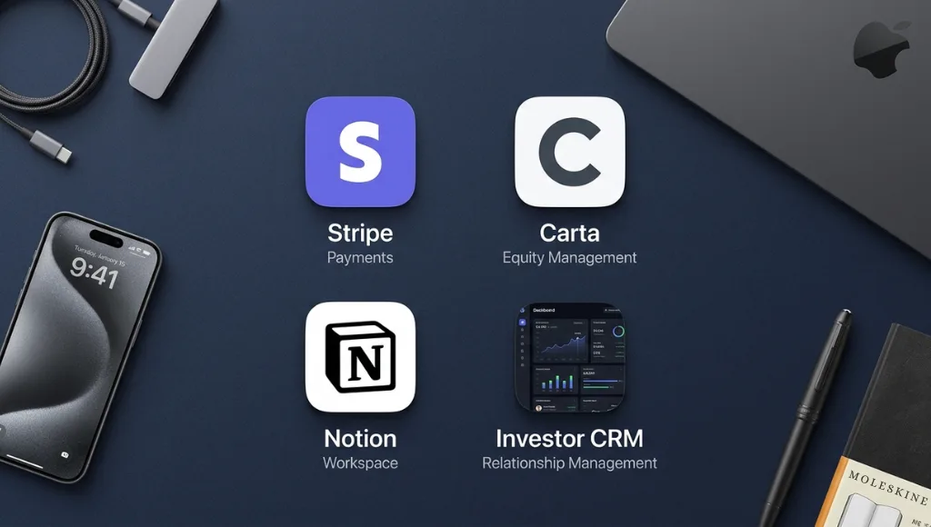 A flat-lay graphic showing a curated stack of tools for startup booted fundraising strategy including financial dashboards, CRM, and investor tracking platforms used in 2026