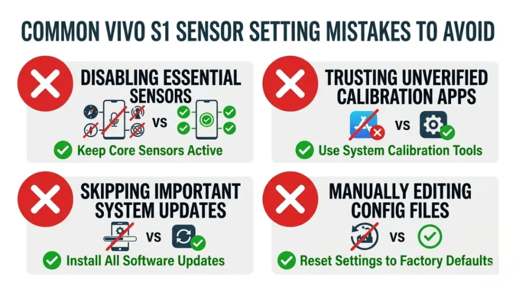 Warning infographic showing four common vivo s1 sensor setting mistakes with correct fixes beside each