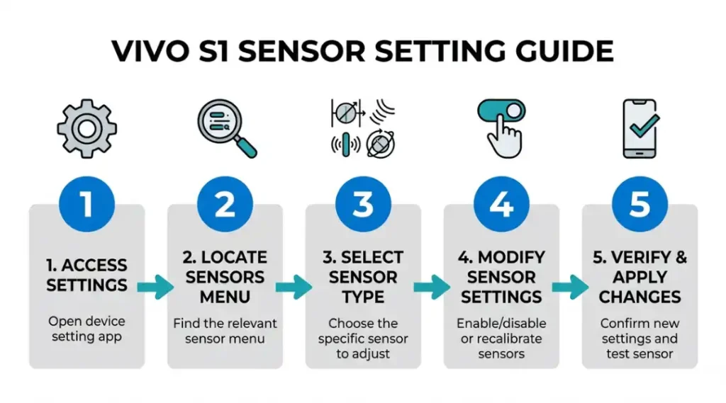 Five-step process infographic for vivo s1 sensor setting with numbered steps and directional arrows