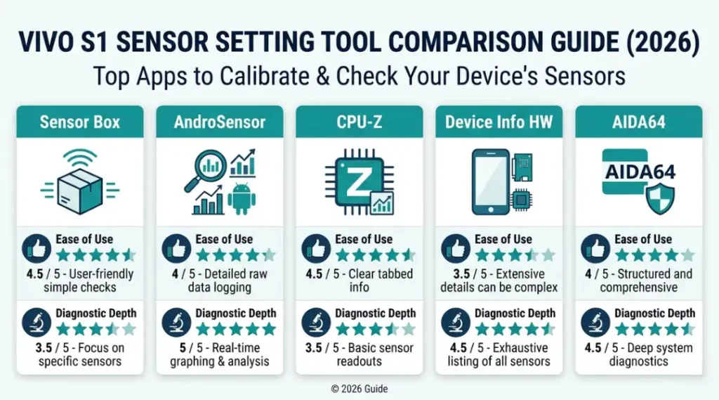 Comparison infographic of top tools for vivo s1 sensor setting including Sensor Box, AndroSensor, and CPU-Z