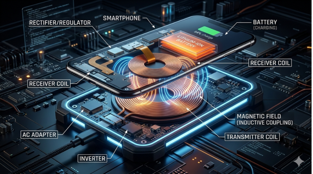 Diagram showing how wireless charging works using electromagnetic induction between transmitter and receiver coils.
