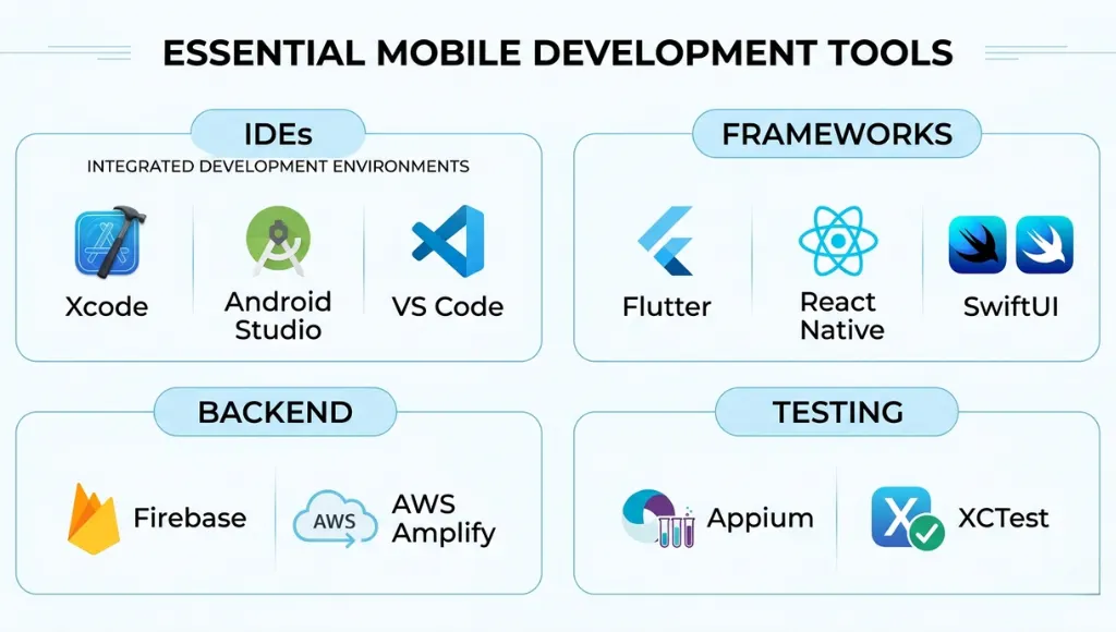 Essential mobile app development tools grid showing IDEs frameworks and backend services