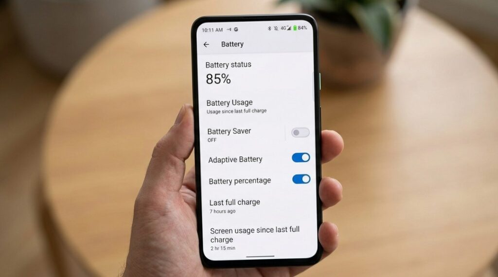 Android smartphone showing Settings Battery Battery Saver mode turned off with normal battery icon