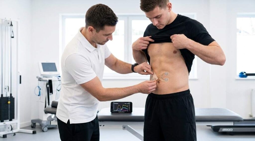 Fitness coach applying EMG sensor patches to athlete's rectus abdominis for real-time muscle activation tracking during cable crunch workout